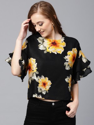 SASSAFRAS Casual Ruffled Sleeve Floral Print Women White, Black, Yellow Top