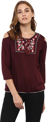 MAYRA Casual 3/4 Sleeve Solid Women Maroon Top