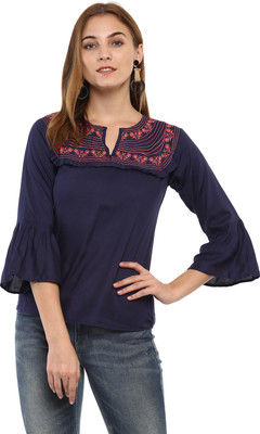 MAYRA Casual 3/4 Sleeve Solid Women Dark Blue Top