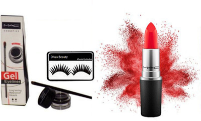 

divas beauty Eyelashes With Mac Matte Finish Red Shade Lipstick, Long lasting Gel Eyeliner(Set of 3)