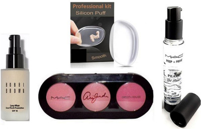 

professional kit silicon puff,bobbi brown skin foundation SPF 15,mac prep + prime pearl gel primer, mac 3 shaders blusher(Set of 4)