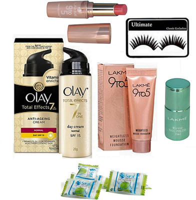 

Ultimate Eyelashes With 9to5 Mousse Foundation,Matte Finish long Lasting Lipstick And Mirror Longlasting Nail Polish,Olay total Effect 7in one Anti Ageing Cream,Magic Napkin Pack Of 3(Set of 8)