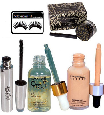 

Professional Kit eyelashes & mac studio water weight foundation & 9 to 5 gold radiance face serum with mac brooke candy mascara and mac gel eyeliner(Set of 5)
