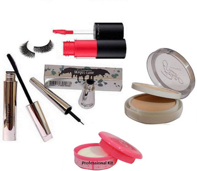 

professional kit Eyelashes & Mac Brooke Candy Liner,Mascara,Lip gloss red, Natural Two Way Pressed Pressed Powder,Nail Remover(Set of 6)