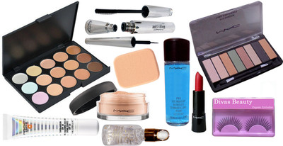 

divas beauty Eyelashes, Mac 15 Shade Concealer Palette, Perfect 8 Shade Eyeshadow Palette (Multicolor), Pro Eye Make Up Remover Water, Smoothing Perfect Primer, Loose Powder Compact, Lightful Tinted Cream, Retro Matte Lipstick, Make Up Puff (Multicolor), 