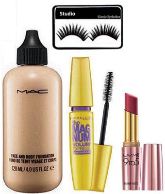 

studio Eyelashes, Mac face and Body Foundation, The Mag Num Mascara, 9to5 Primer+Matte Lipstick(Set of 4)