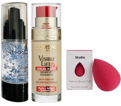

studio Sponge Puff, Mac Skin Cavial Primer, l'oreal Paris Visible Lift Serum Inside Instant Lift Foudation(Set of 3)