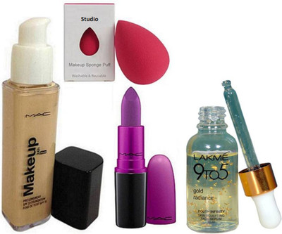 

studio Sponge Puff, 9to5 Gold Radiance Serum, Mac Make up Foundation With Heroine Lipstick(Set of 4)