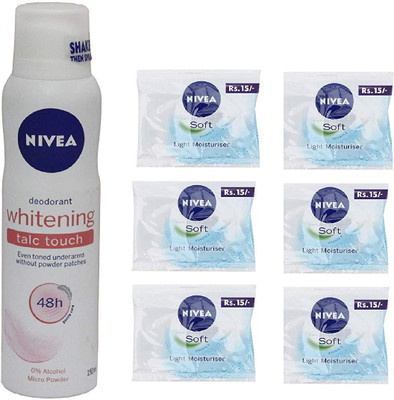 

Nivea ( 1 Whitening Talc Touch Deodorant 150ml + 6 Soft Cream 8g each)(Set of 7)
