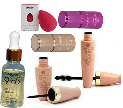 

studio sponge puff, 9to5 gold radiance youth infinity skin face serum, Waterproof eyeliner & mascara, with Mirror Nail Polish Pack of 2(Set of 6)