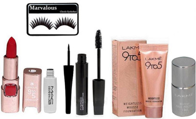 

marvalous Eyelashes With Mac Haute and Naughty Mascara, Liquid Eyeliner, 9to5 Mousse Foundation, Red Shade Lipstick, Mirror Nail Polish(Set of 6)