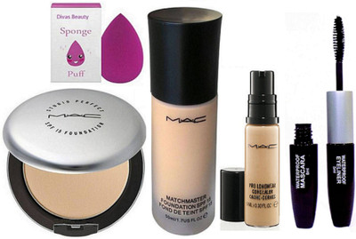 

divas beauty Sponge puff With Mac Matchmaster Foundation & Studio Fix Compact With pro Longwear Concealer, Colorbar Eyeliner mascara 2in 1(Set of 5)