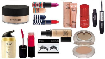 

marvalous Eyelashes And Mac Matte Finish Long Lasting 2 Shades Lipstick And Colorbar 2in1 Eyeliner And Mascara,Mirror Nail polish And Lightfull Compact,Prolong wear Concealer,olay Cream With Loose Powder,mousse Foundation,Lip gloss(Set of 11)