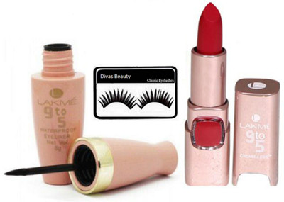 

divas beauty Eyelashes With 9 To 5 Matte Finish Lipstick,Waterproof Eyeliner(Set of 3)