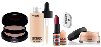 

professional kit silicon puff & Mac Studio Water weight Foundation,Loose Powder, Pressed Powder Two Way Compact,Matte Finish Lipstick(Set of 5)