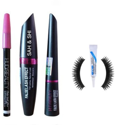 

Sah&Shi Mascara with Eyeliner And Huda Eyebrow Pencil Set of 3 with 1 Pair of Eyelashes and Glue(Set of 5)