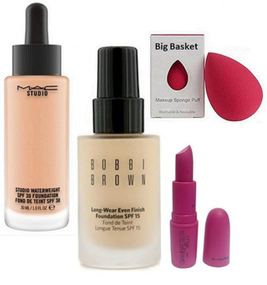 

big Basket Sponge Puff, Mac Studio Waterweight Foundation, Bobbi Brown Long Wear Even Finish Foundation, GiAMBATTiSTA VALLi Paris Lipstick Milan Mode(Set of 4)