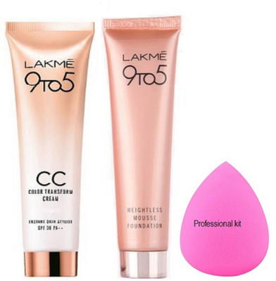 

professional kit sponge puff and lakme 9 to 5 weightless mousse foundation with cc color transform cream(Set of 3)