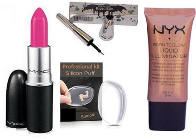 

professional kit Silicon Puff Matte Finish Long lasting Pink shade Lipstick & Born To Glow Illuminator with Brooke Candy Liner(Set of 5)