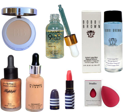 

studio Sponge Puff With 9to5 Gold Radiance Face Serum,Boobi Brown Makeup Remover,Colorbar Compact,Mac Prep+Prime Highlight,S.Waterweight Faoundation,matte Finish zebra lipstick(Set of 7)