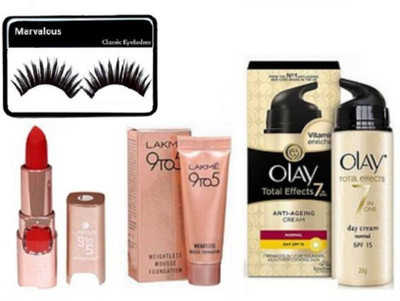 

marvalous Eyelashes, Olay Total Effect 7 in one Anti Ageing Cream, 9to5 Mousse Foundation, Red Shade Lipstick(Set of 4)
