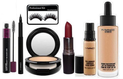 

professional kit Eyelashes&Pen Eyeliner&Mac Double Effect Mascara& waterweight Foundation& Concealer& Compact&Matte Finish Lipstick(Set of 7)