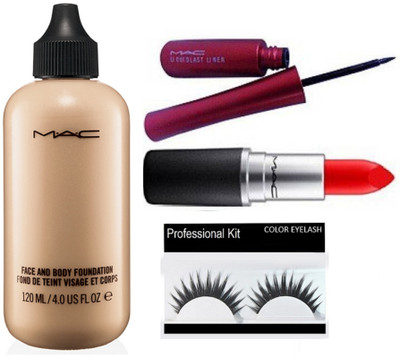 

professional kit Eyelashes,Mac matte lipstick,face and body foundation and Mac lipuid eyeliner with Eyelashes(Set of 4)