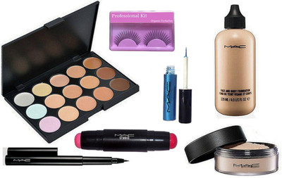 

professional kit Eyelashes, 15 Shade Concealer Palette With Corrector Counter Stick, Face & Body Foundation, Loose Powder Compact, Pen Eyeliner With Gliter Eyeliner(Set of 7)