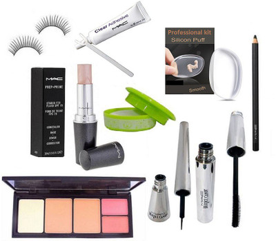 

professional kit silicon puff and eyelashes with eyelash Glue ,Mac Prep + Prime Studio Fix Stick Concealer SPF 15 10 gm, Pencil Kaj &Nail remover,Viva Glam 2 Shades Blusher,2 Shades Compact,Brooke Candy Liner,Mascara(Set of 9)