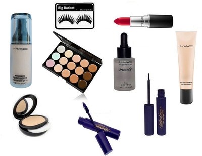 

big basket Eyelashes,Mac padma Liner&Mascara,Match Master foundation,Studio Fix Compact,Red Lipstick,Studio sculpt Foundation,Primer Oil Skin Base Visage&15 shade palette Cream Concealer(Set of 9)