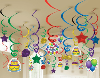 

Factory 21 Multicolor Multi color Swirls pack of 12 /Birthday party decoration/Baby shower etc... All swirls with hanging cutouts like cake, joker, happy birthday cutouts etc... - 400 g