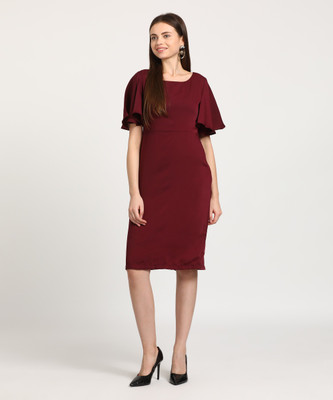 Tokyo Talkies Women Shift Maroon Knee Length Dress