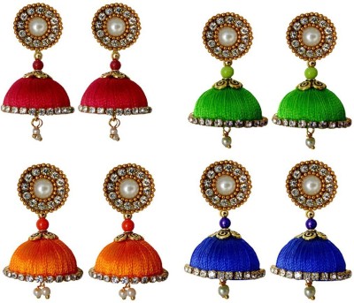 Tia Crafts Handmade Silk Thread Red, Green, Blue and Orange Fabric Jhumki Earring