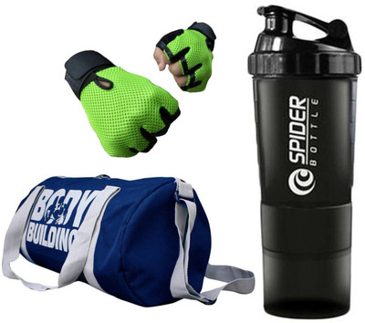 Snipper Combo of Bodybuilding Blue Bag , Gloves Green And Spider Shaker Black Gym & Fitness Kit