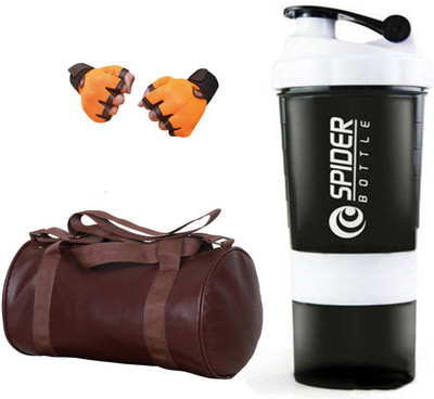 

Snipper Combo Of Leatherite Brown Gym Bag , Orange Gloves and White Spider Shaker Gym & Fitness Kit