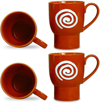

caffeine Coffee Stoneware in Orange & White Doodle Platform (Set of 4) Handmade Ceramic Mug(300 ml, Pack of 4)