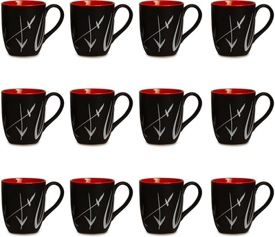 

caffeine Coffee Ceramic/Stoneware in Black & Red Leaf (Set of 12) Handmade Ceramic Mug(300 ml, Pack of 12)