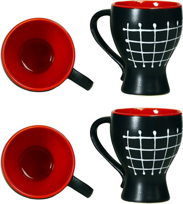 

caffeine Coffee Ceramic/Stoneware in Black & Red Check Assorted (Set of 4) Handmade Ceramic Mug(300 ml, Pack of 4)