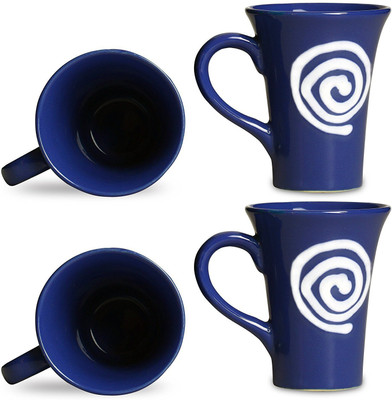 caffeine Mini Tea Cup Ceramic/Stoneware in Blue & White Doodle Classic (Set of 4) Handmade Ceramic Mug(250 ml, Pack of 4)
