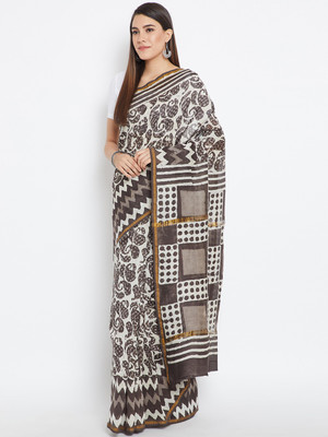 Kalakari India Hand Painted Handloom Cotton Silk Saree(White, Grey)