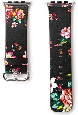 

CELLFATHER British Rural Flower Leather Band iWatch Strap For Watch Men & Women Smart Watch Strap(Black, Red), Black red peeny