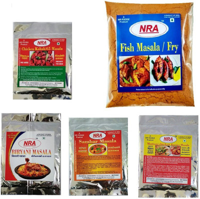 

NRA Fish masala/Fish Fry 200g, Chicken kabab/65 masala 50g, Mutton/Chicken korma masala (2in1) 50g, Sambar powder 50g, Biryani masala 50g(5 x 80 g)