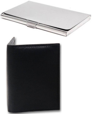 

FERRET Men Casual Black, Silver Artificial Leather, Genuine Leather Card Holder(10 Card Slots)