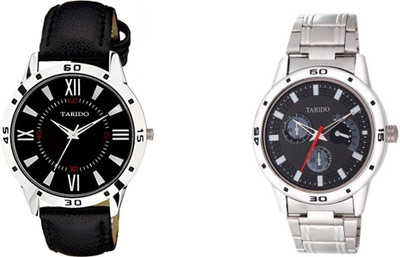 Tarido Exceptional black & grey dial black leather & metal strap combo pair analog wrist Analog-Digital Watch  - For Men