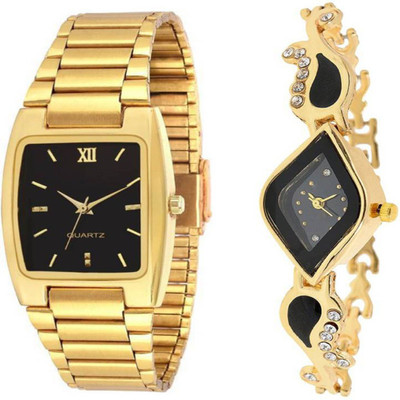

HKG Casual Gold Strap Black Dial Couple Fancy Look Boys & Girls Watch Watch - For Men & Women
