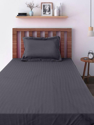 Skytex 210 TC Satin Single Striped Flat Bedsheet(Pack of 1, Grey)