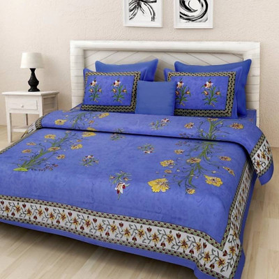 RAJDEVI JAIPUR PRINTS 228 TC Cotton King 3D Printed Fitted & Flat Bedsheet(Pack of 1, Blue)
