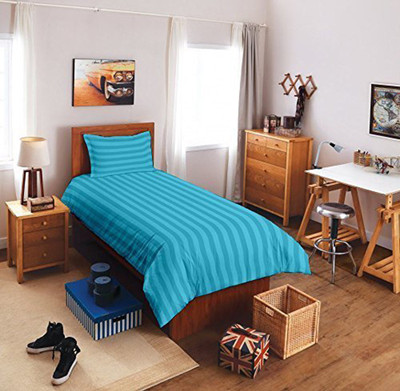Skytex 210 TC Satin Single Striped Flat Bedsheet(Pack of 1, Cyan)