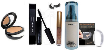 

Professional kit Silicon Puff & Eyelashes &Mac Mascara & Studio Fix Compact&Matchmaster Foundation&Kylie Birthday Edition Nude Shade Lipgloss(Set of 6)