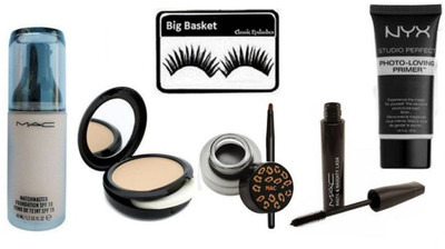 

big basket Eyelashes, Mac MatchMaster foundation, Studio Fix Compact,Liquid Liner,Haute & Naughty Mascara & Nyx primer(Set of 6)